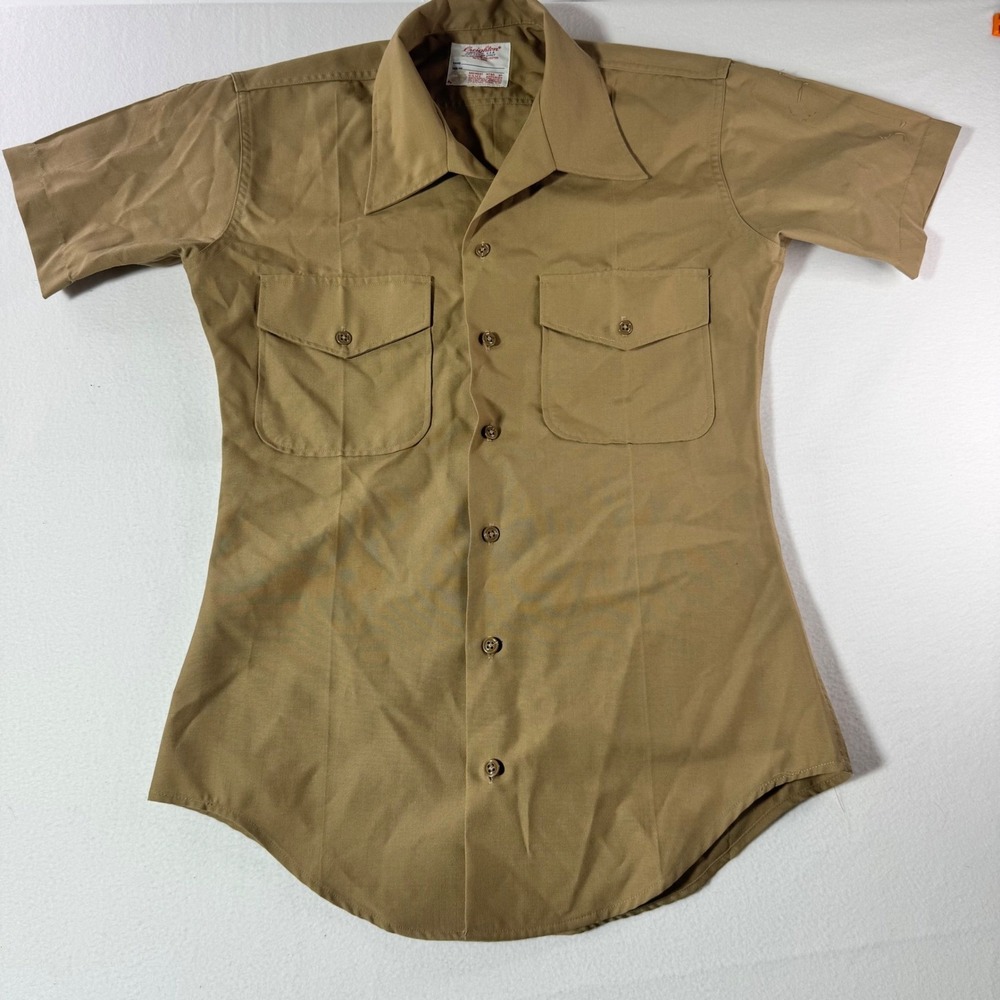 Creighton USMC Military Shirt Tan Khaki Short Sleeve Dacron Wool Blend USA Made
